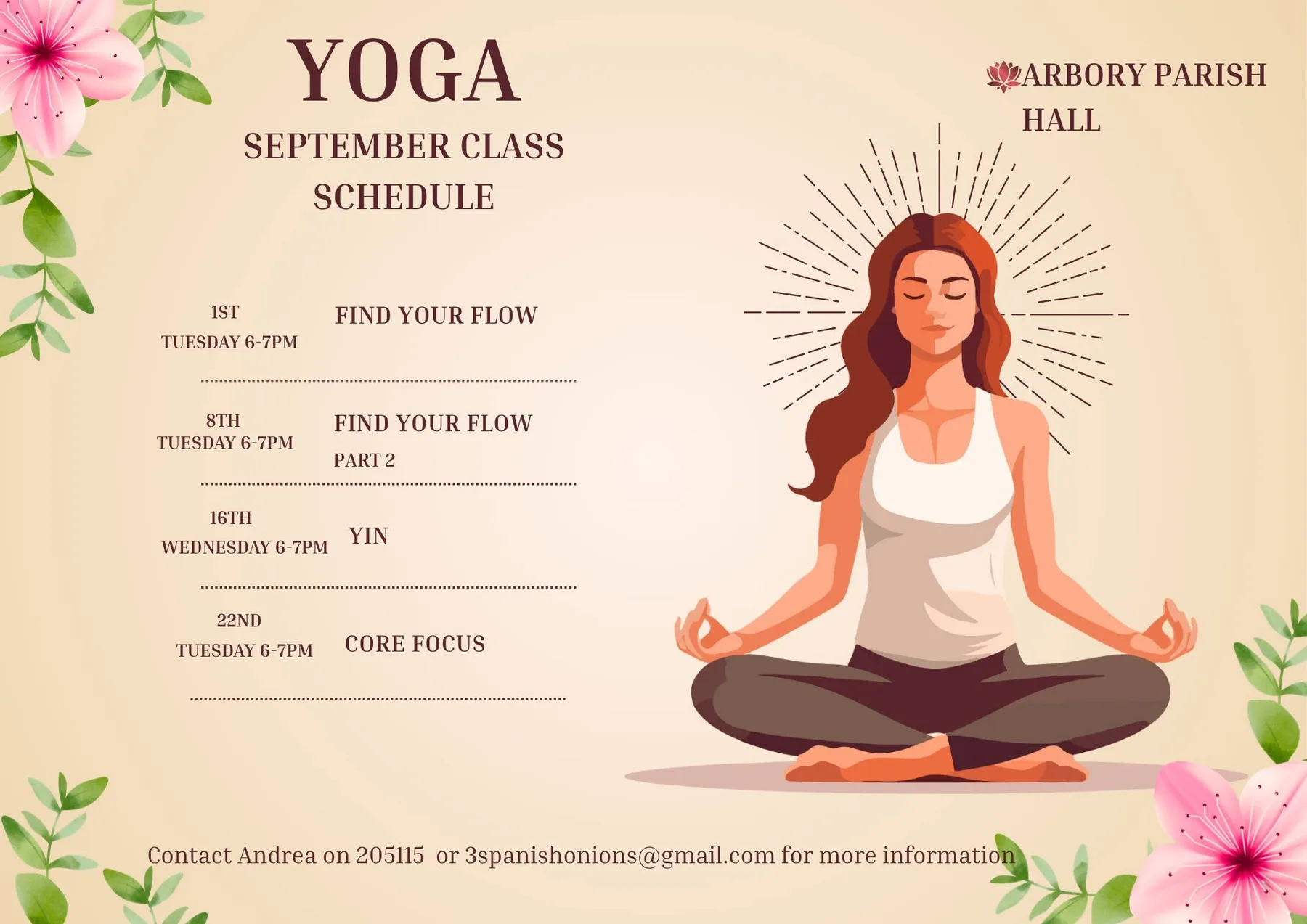 September yoga schedule at Arbory Parish Hall, including Find Your Flow, Yin Yoga and Core Focus classes.